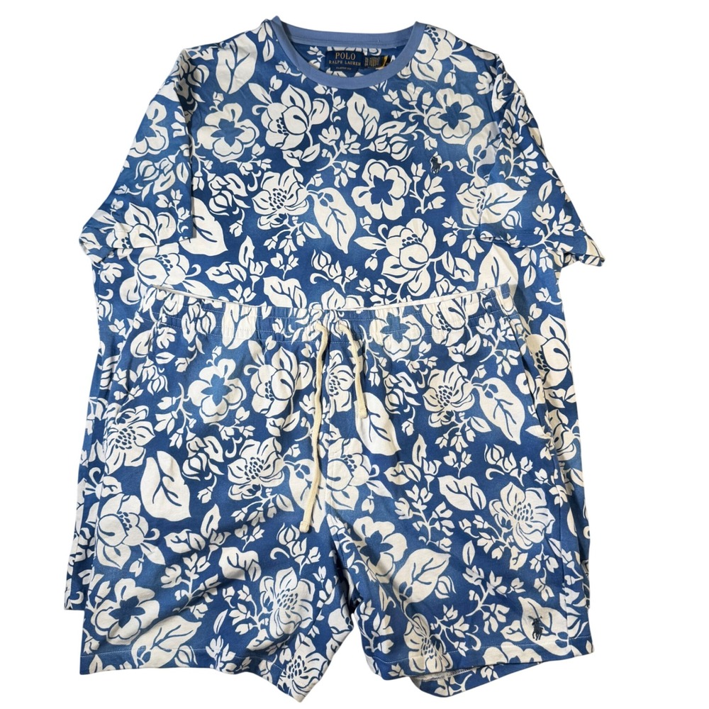 Polo Ralph Lauren Mens XL Blue Floral Hibiscus T-Shirt and Shorts Matching Set